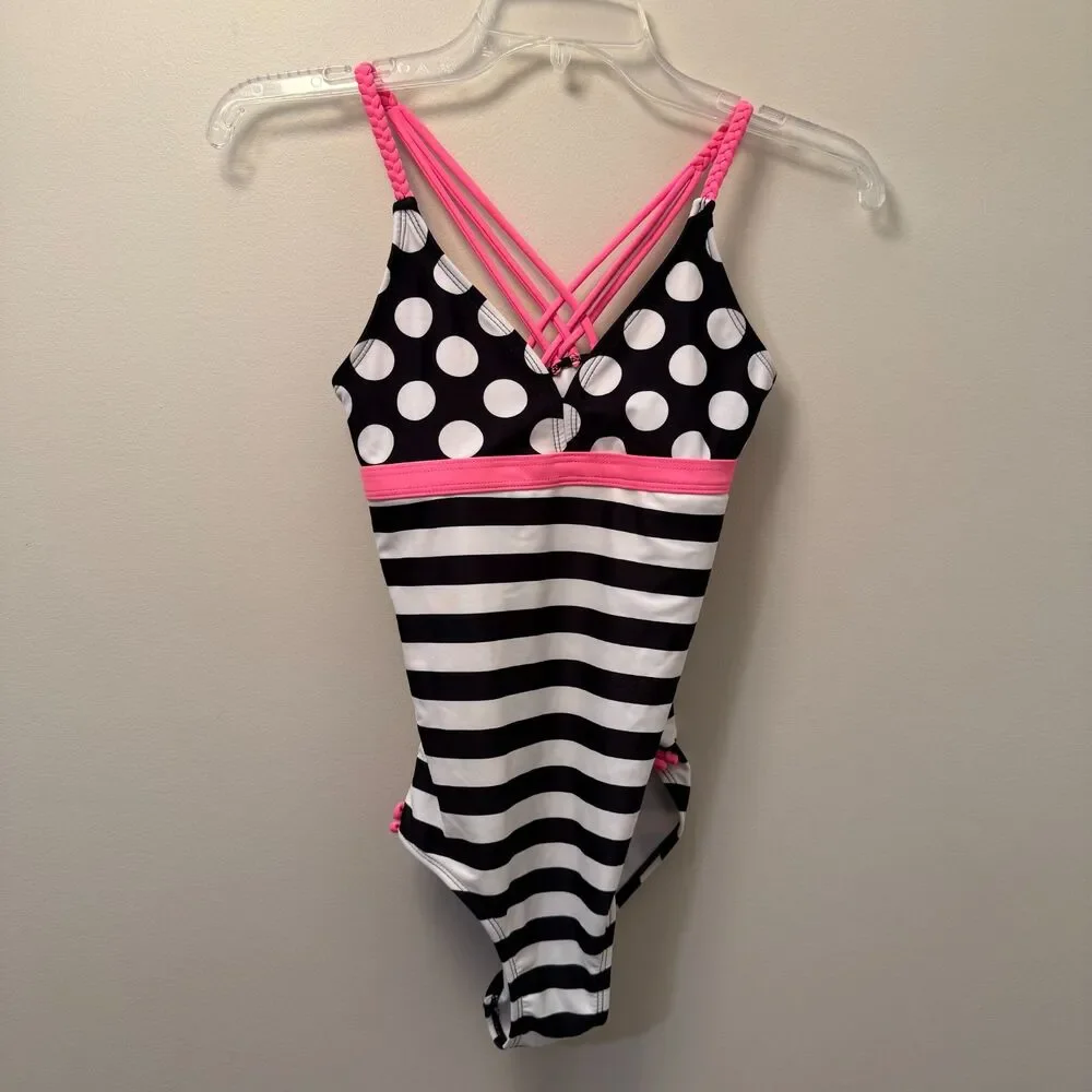 SO Kohl’s Girls Black White Striped Polka Dot One Piece Swimsuit Pink 16